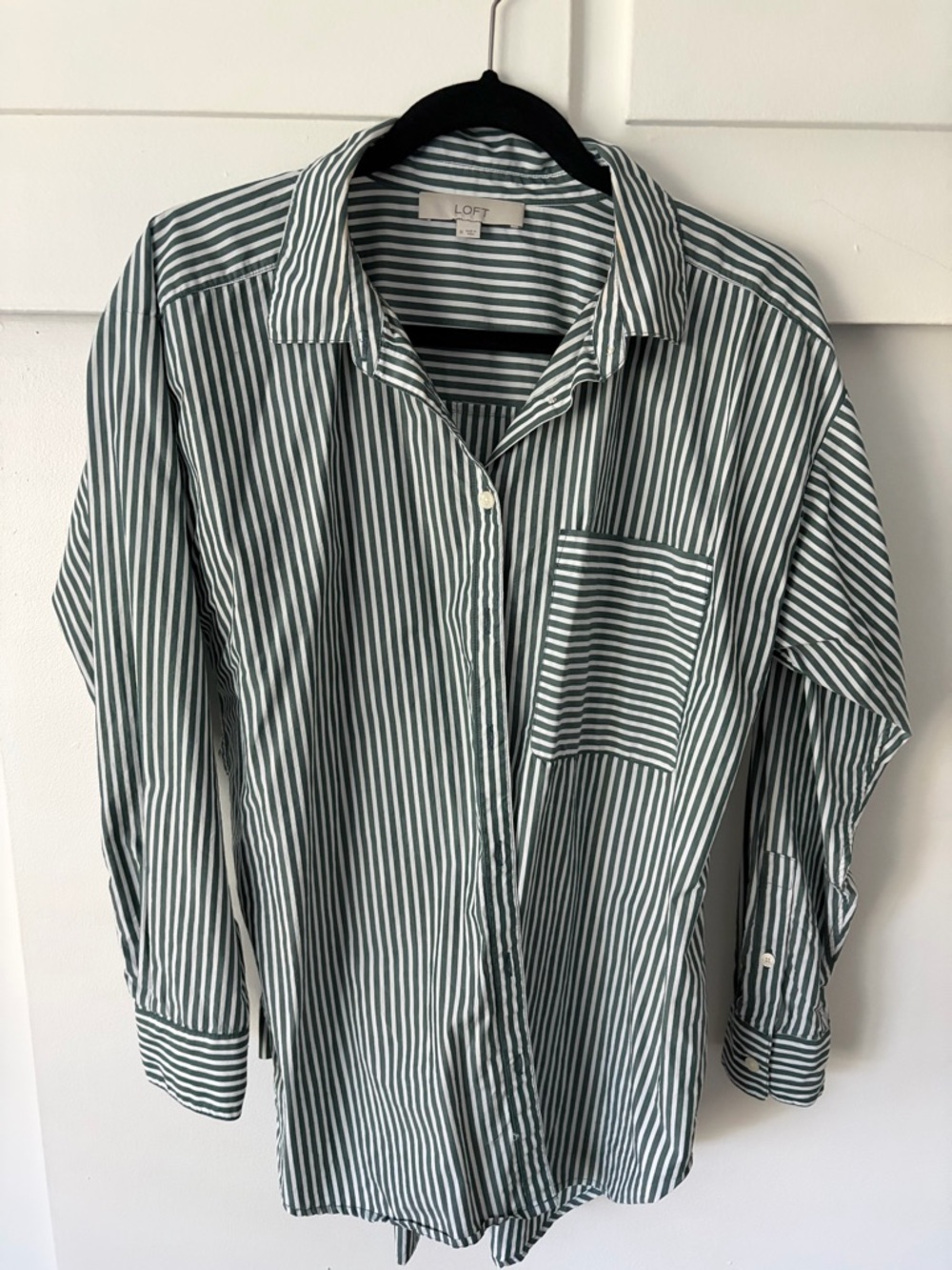 LOFT Green & White Vertical Stripe Button-Down Shirt